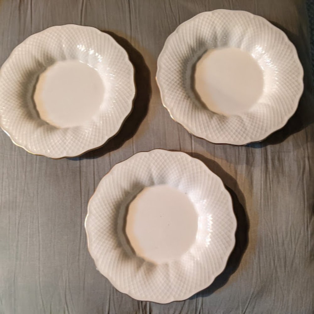 3 Mikasa Ivory Bone Plates with Gold Rims and Etched Borders!
